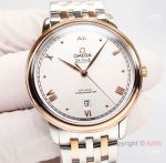 High Quality Replica Omega De Ville Series Couple Italian Leather/Stainless Steel Silver Strap White Sunburst Face Dial Gold Stainless Steel Case Watch Different Sizes (39.5mm/32.7mm)